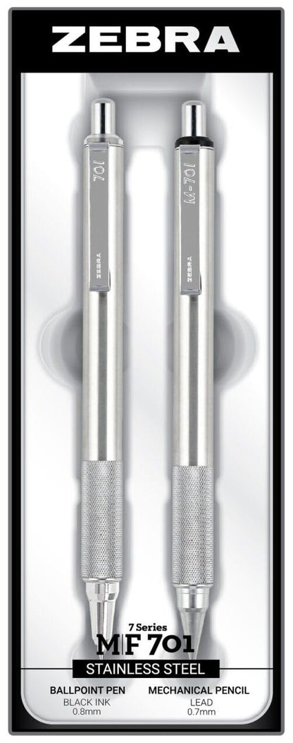 Zebra Pen M/F 701 Stainless Steel Mechanical Pencil and Ballpoint Pen Set, Fine Point, HB Lead and Black Ink, 2-Pack Gift Set (10519)