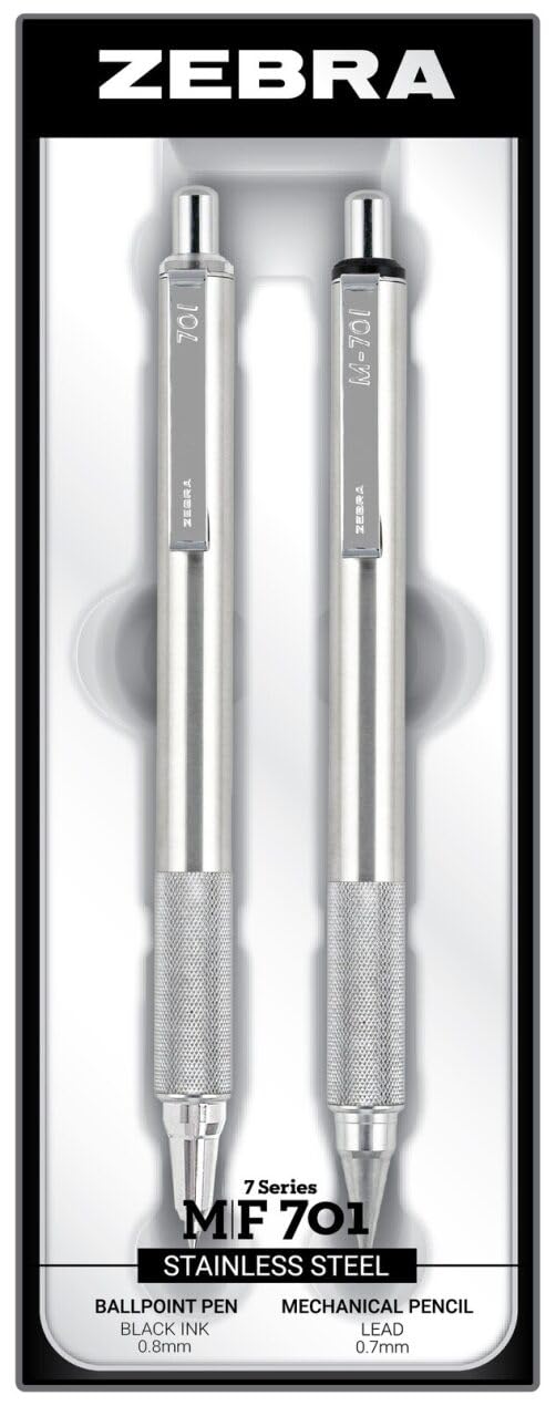 Zebra Pen M/F 701 Stainless Steel Mechanical Pencil and Ballpoint Pen Set, Fine Point, HB Lead and Black Ink, 2-Pack Gift Set (10519)