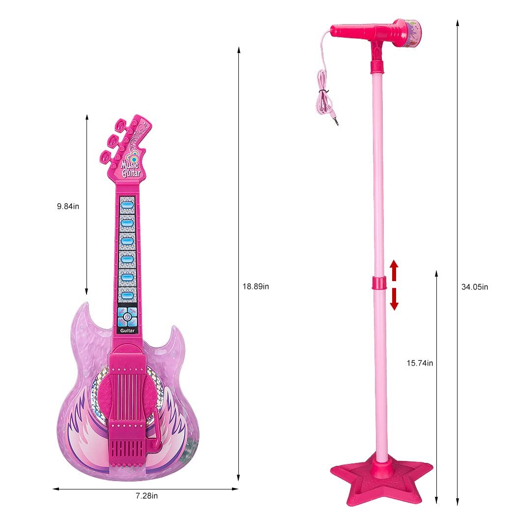 TAKIHON Guitar and Microphone Set for Kids,Guitar Toys with Music&Colorful Light,Adjustable Height Microphone with Stand,Karaoke Toys Gift for Boy,Girls,Toddlers(Red)-Upgraded