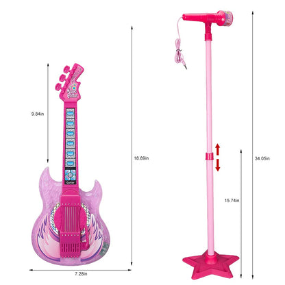 TAKIHON Guitar and Microphone Set for Kids,Guitar Toys with Music&Colorful Light,Adjustable Height Microphone with Stand,Karaoke Toys Gift for Boy,Girls,Toddlers(Red)-Upgraded