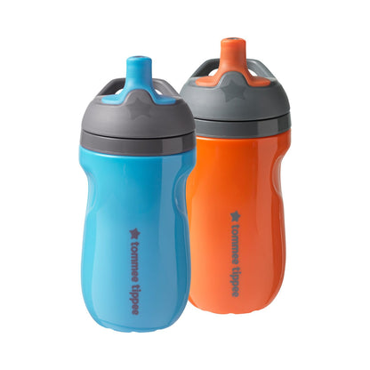 Tommee Tippee Insulated Sportee Bottle, for 12m+, 9oz, Pack of 2 Non-Spill Toddler Water Bottles, Orange and Blue, with Two-Piece Valve to Help Stop Spills, Bite-Resistant Spout and Easy-Hold Handle