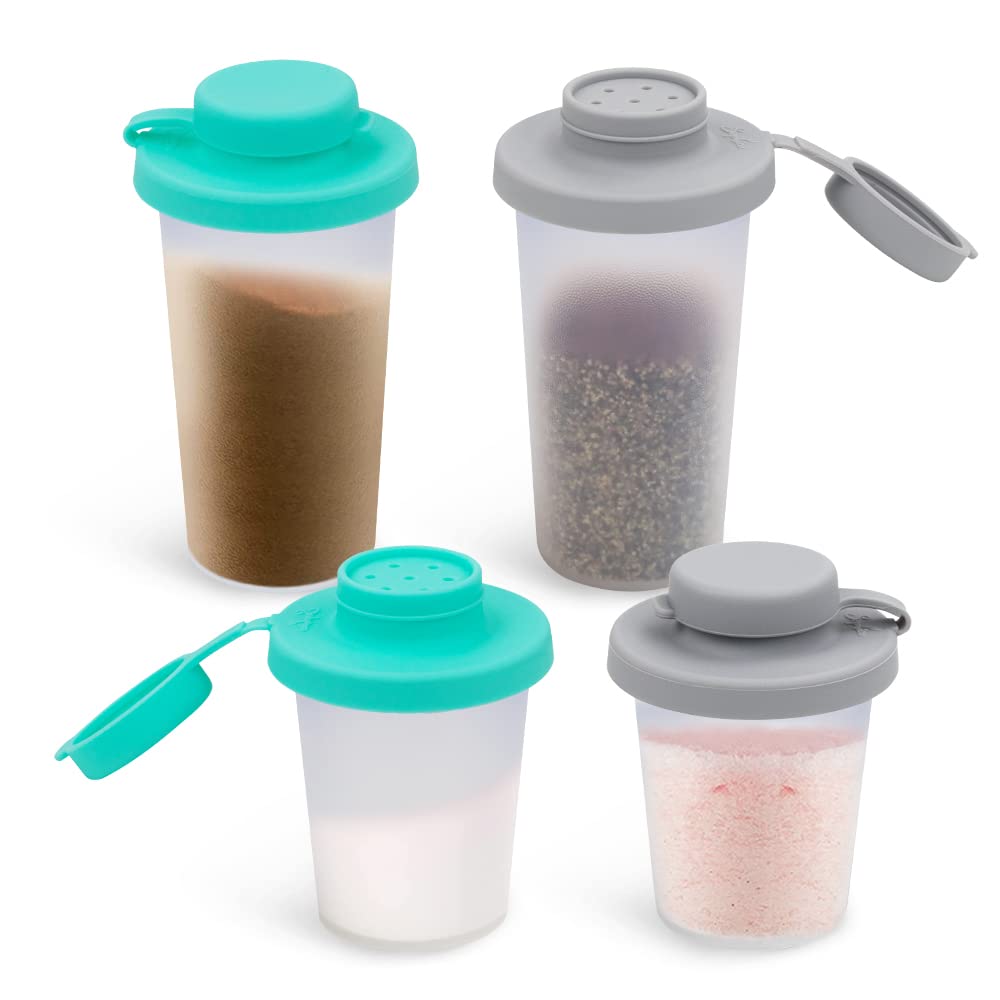 Sophico Small Salt and Pepper Shakers Set with Moisture Proof Sinlicone Lids, 4.5oz Mini Spice Shaker to go for Camping Travel Picnic Lunch Boxes (Mint & Grey, Medium & Large)