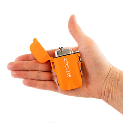 Survival Frog Tough Electric Lighter 2.0 - Waterproof & Windproof Lighters - Flameless Top-Facing Dual Arc Plasma, USB Rechargeable w/Built-in Flashlight, Camping, Survival Fire Starter (Orange)