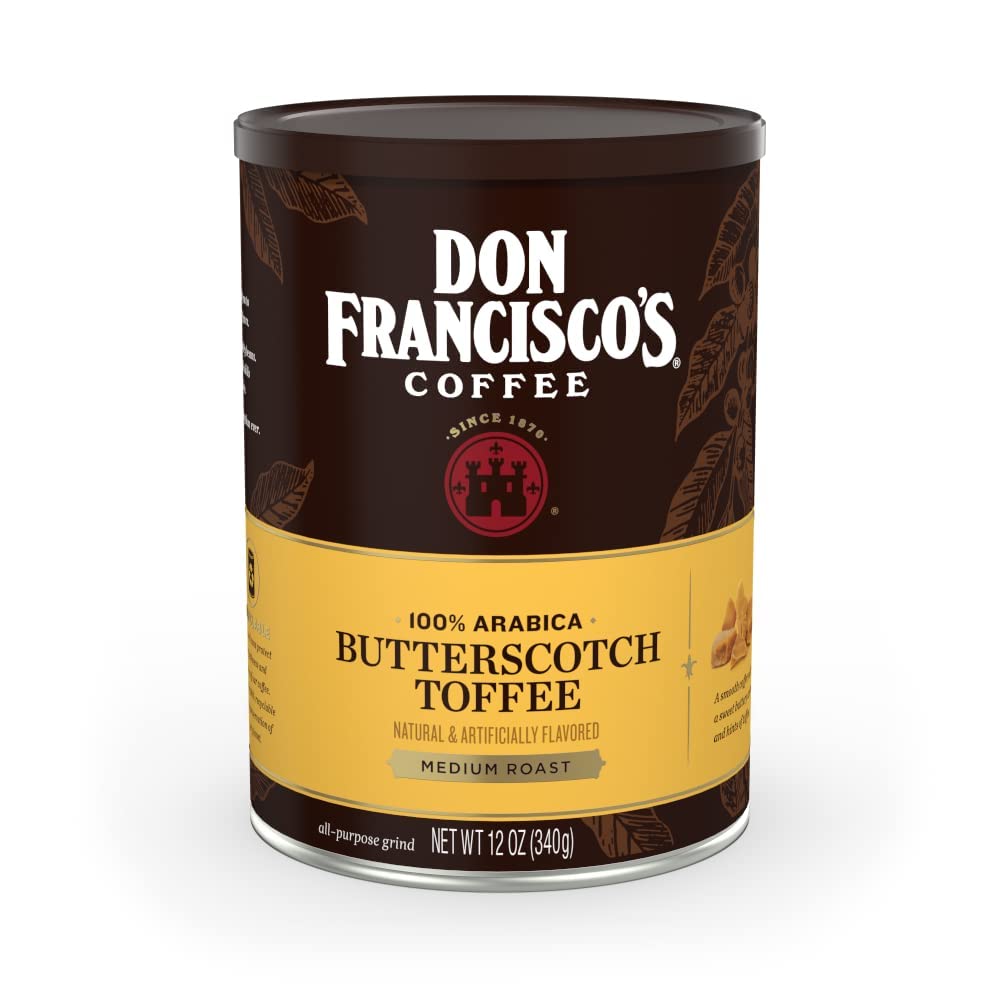 Don Francisco's Butterscotch Toffee Ground Flavored Coffee: Rich 100% Arabica Beans with Sweet Buttery Aroma - Family-Crafted for Delightful Mornings (12 oz Can)