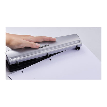 Bostitch Office Premium 3 Hole Punch, 12 Sheet Capacity, Metal, Rubber Base, Easy-Clean Tray, Silver