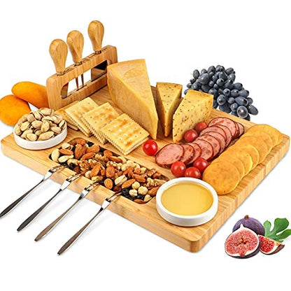 ROYAMY Bamboo Cheese Board Set with 3 Stainless Steel Knife, Meat Charcuterie Platter Serving Tray for Wedding Birthdays Christmas Anniversary Housewarming Kitchen Personalized Gift