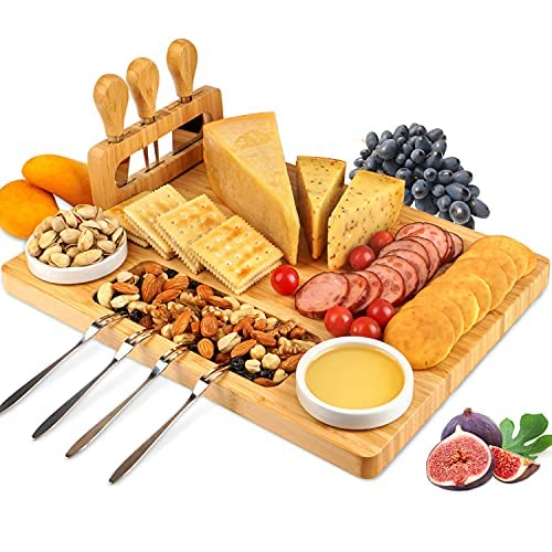 ROYAMY Bamboo Cheese Board Set with 3 Stainless Steel Knife, Meat Charcuterie Platter Serving Tray for Wedding Birthdays Christmas Anniversary Housewarming Kitchen Personalized Gift