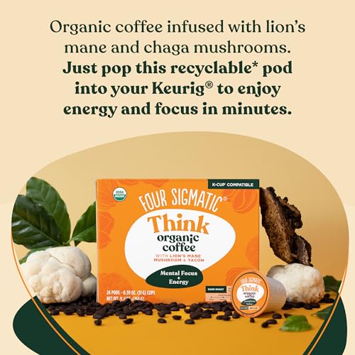 Four Sigmatic Mushroom Coffee K-Cups | Organic Dark Roast Coffee with Lion’s Mane Mushroom Powder & Yacon | Focus & Immune Support | Vegan & Keto | Sustainable Pods | 24 Count