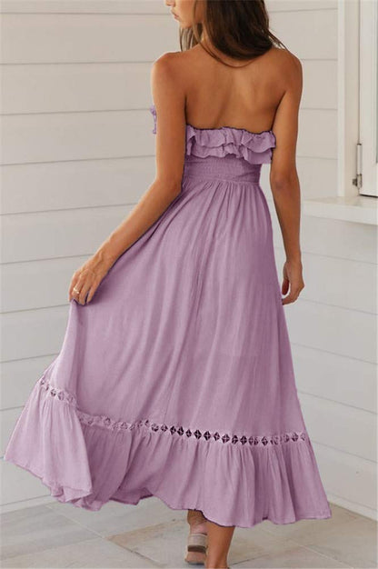 SAUKOLE Women's Summer Sleeveless Strapless Ruffle Off The Shoulder Smocked Swing Cocktail Party Dress Purple