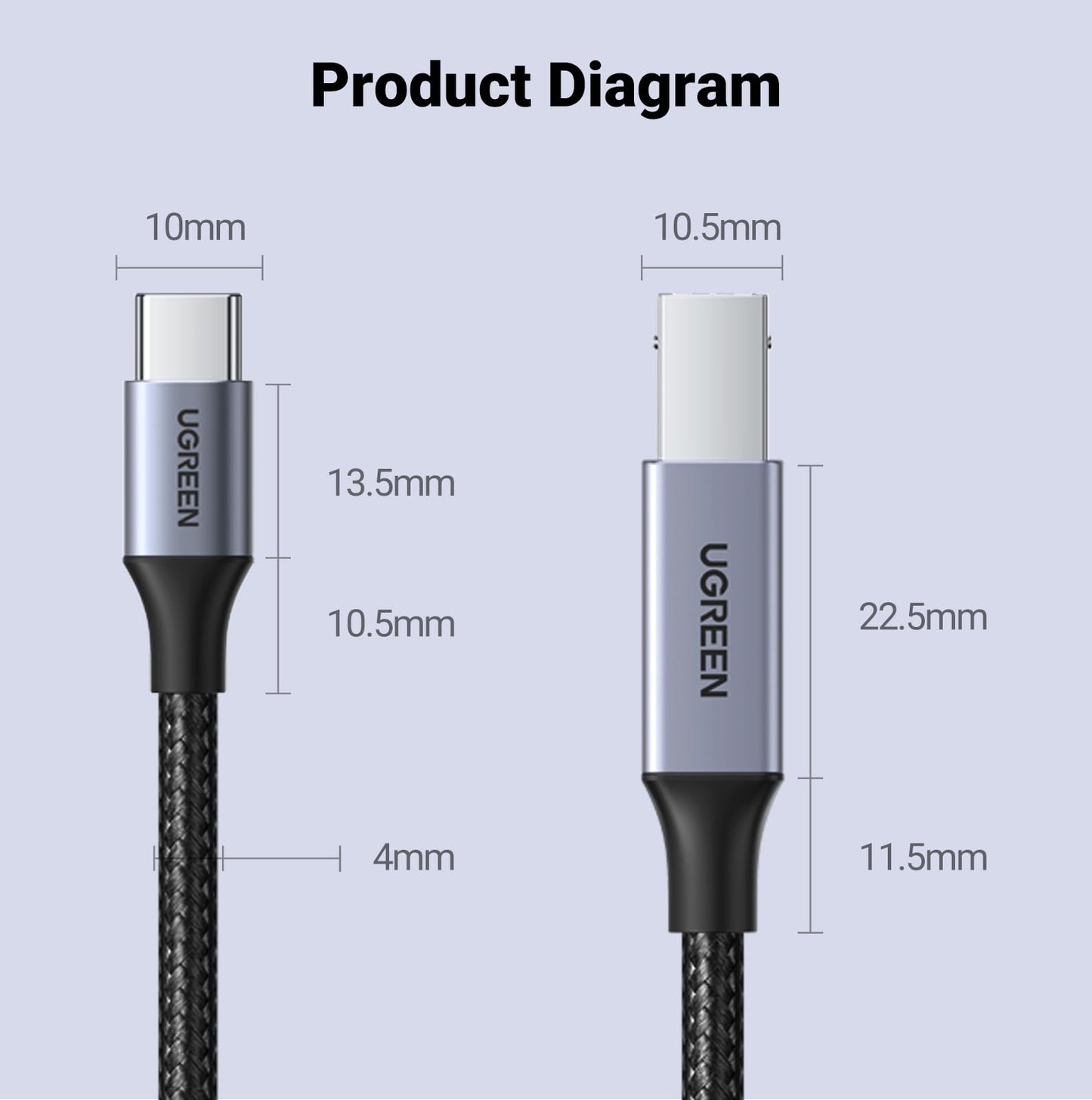 UGREEN USB B to USB C Printer Cable 3 FT, Nylon USB B to USBC Cable for MacBook Pro/Air, MIDI Cable Compatible with MIDI Keyboard/DJ Controller/DAC/Yamaha Casio Digital Piano for iPad