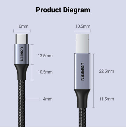 UGREEN USB B to USB C Printer Cable 3 FT, Nylon USB B to USBC Cable for MacBook Pro/Air, MIDI Cable Compatible with MIDI Keyboard/DJ Controller/DAC/Yamaha Casio Digital Piano for iPad
