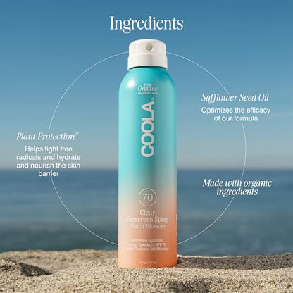 COOLA Organic Sunscreen SPF 70 Sunblock Spray, Dermatologist Tested Skin Care for Daily Protection, Vegan and Gluten Free, Peach Blossom, 6 Fl Oz