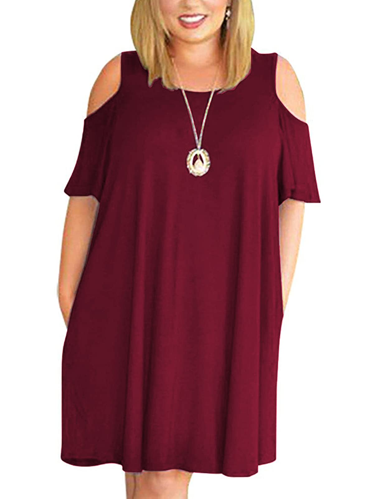 Women's Summer Short Sleeve Cut Out Cold Shoulder Loose Fit Dress Top Wine X Large