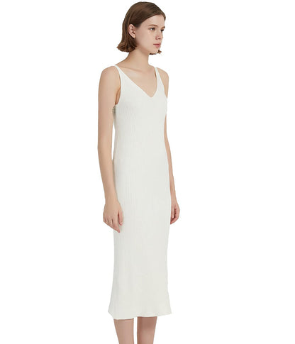 RZIV Women's Sleeveless Sweater Dress Knit Slim V Neck Bodycon Midi Stretchable Elasticity Slim Fits White