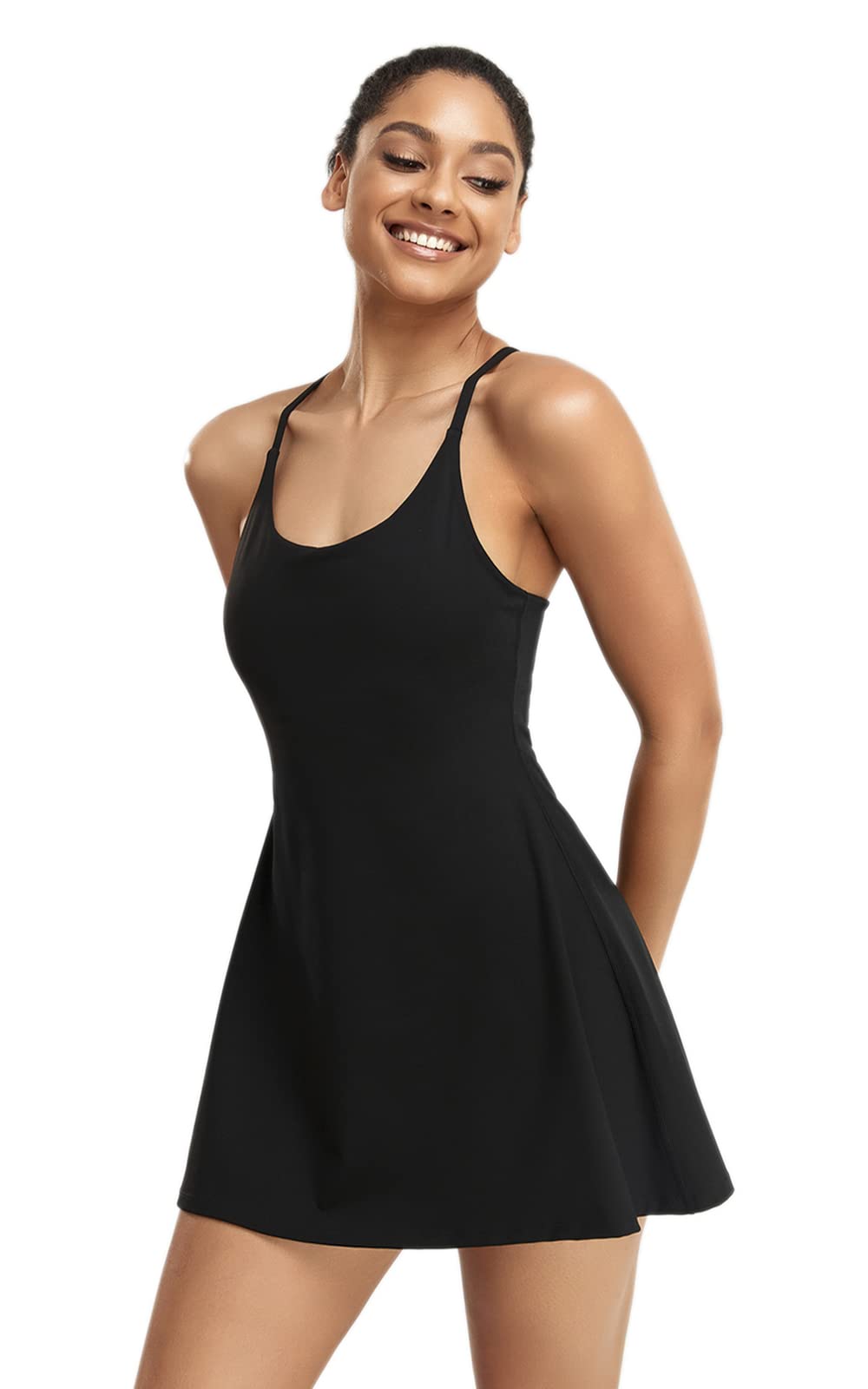 Womens Tennis Dress, Workout Dress with Built-in Bra & Shorts Pockets Exercise for Golf Athletic Dresses for Women Black