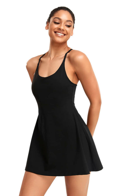 Womens Tennis Dress, Workout Dress with Built-in Bra & Shorts Pockets Exercise for Golf Athletic Dresses for Women Black