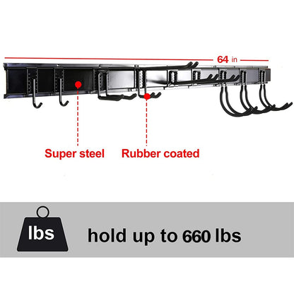 Ultrawall 13 PCS Tool Storage Rack, 64 Inches Adjustable Garage Organization Wall Mounted Storage System with 9 Hooks, Heavy Duty Steel Garden Tool Organizer Wall Holders