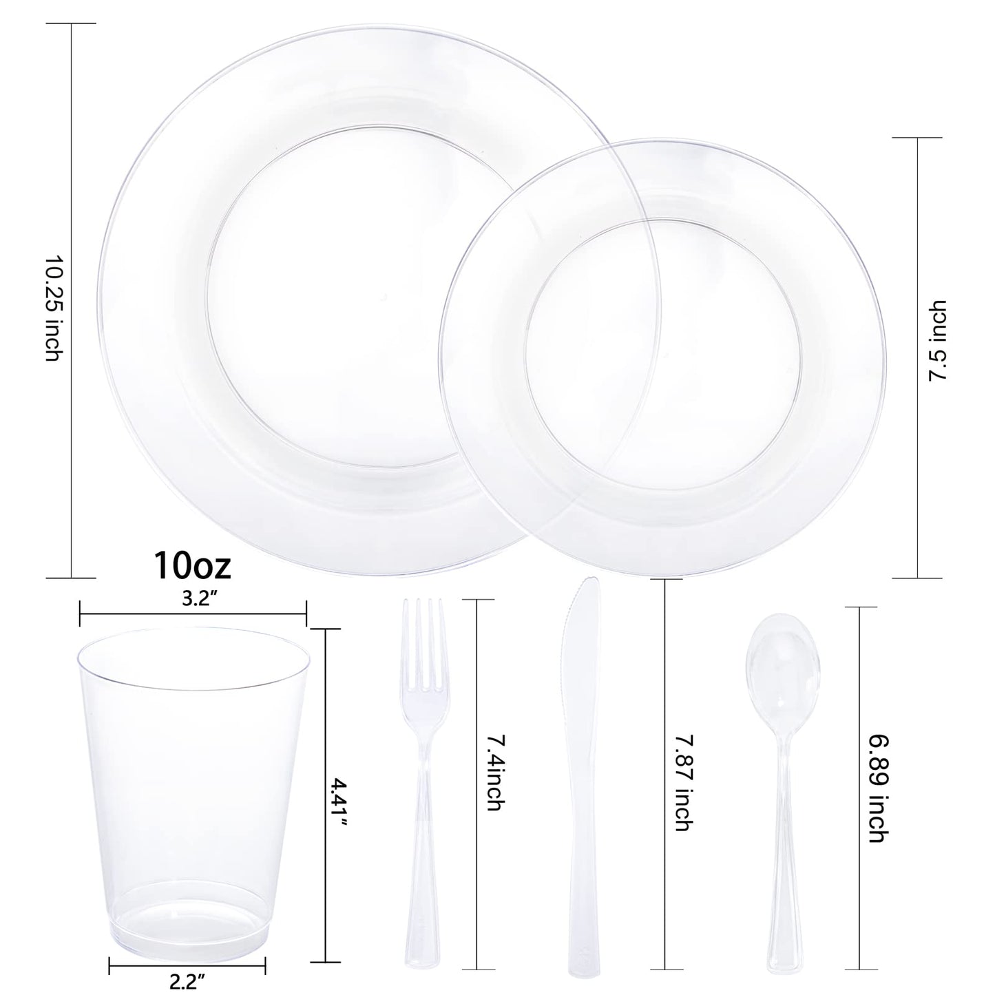 WDF 25 Guest Clear Plastic Plates with Clear Plastic Silverware - Clear Plates and Cups for Party include 25 Dinner Clear Plates, 25Salad Plates, 25Forks, 25Knives, 25 Spoons, 25Cups