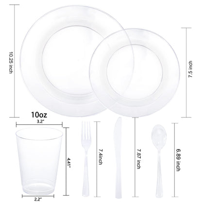 WDF 25 Guest Clear Plastic Plates with Clear Plastic Silverware - Clear Plates and Cups for Party include 25 Dinner Clear Plates, 25Salad Plates, 25Forks, 25Knives, 25 Spoons, 25Cups