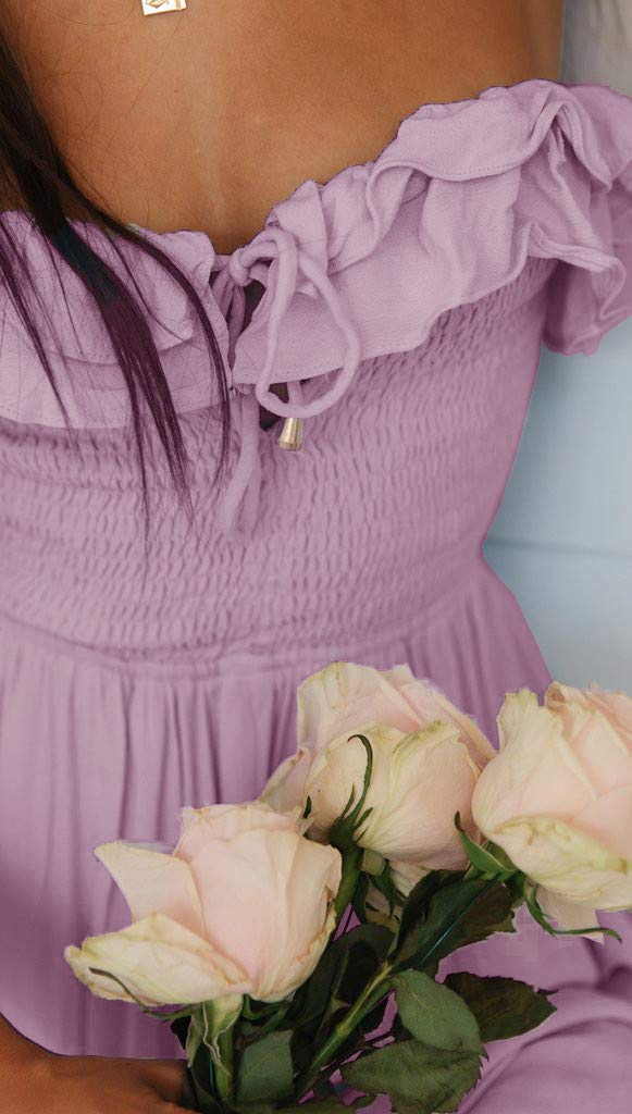 SAUKOLE Women's Summer Sleeveless Strapless Ruffle Off The Shoulder Smocked Swing Cocktail Party Dress Purple