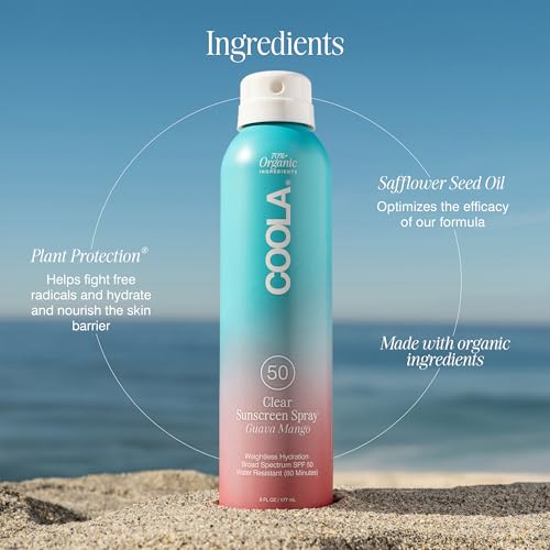 COOLA Organic Sunscreen SPF 50 Sunblock Spray, Dermatologist Tested Skin Care For Daily Protection, Vegan And Gluten Free, Guava Mango, 6 Fl Oz