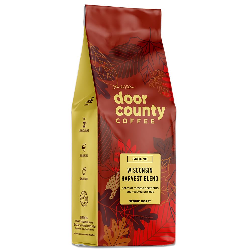 Door County Coffee Wisconsin Harvest Blend Flavored Coffee Ground - 8 oz Bag - Fall Seasonal - Medium Roast - 100% Specialty Arabica - Roasted Chestnuts & Toasted Pralines