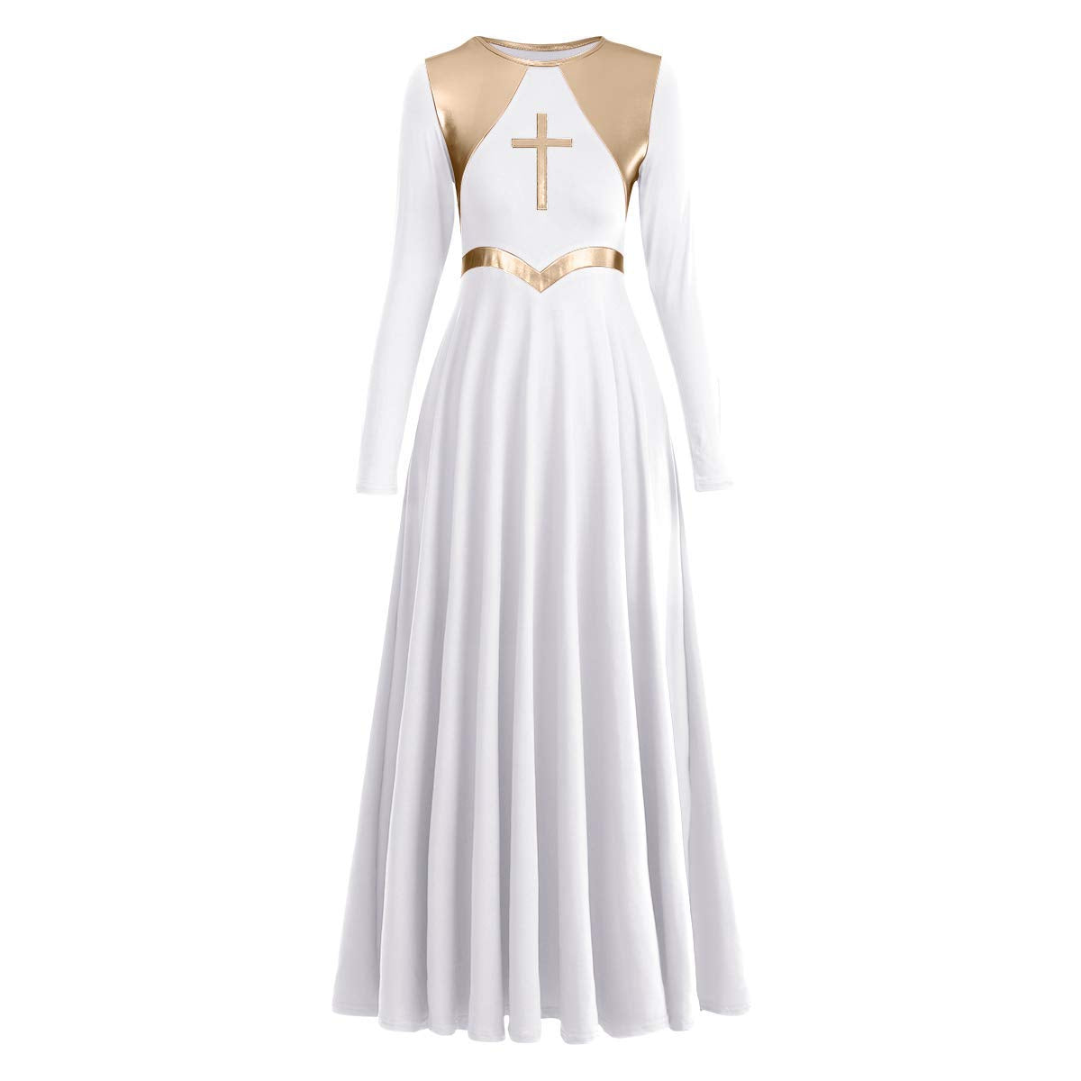 Women Metallic Cross Liturgical Praise Dance Dress Lyrical Dancewear Color Block Full Length Robe Worship Costume Loose Fit Autumn Clothing Elegant Dress Praise Dancer Clothes White + Gold Cross L