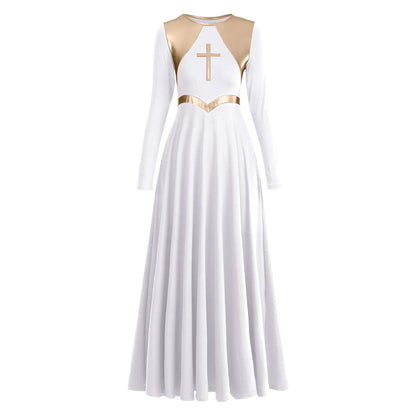 Women Metallic Cross Liturgical Praise Dance Dress Lyrical Dancewear Color Block Full Length Robe Worship Costume Loose Fit Autumn Clothing Elegant Dress Praise Dancer Clothes White + Gold Cross L
