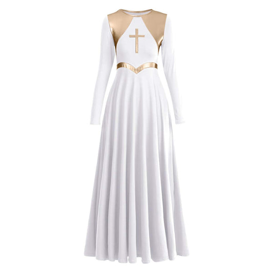 Women Metallic Cross Liturgical Praise Dance Dress Lyrical Dancewear Color Block Full Length Robe Worship Costume Loose Fit Autumn Clothing Elegant Dress Praise Dancer Clothes White + Gold Cross L