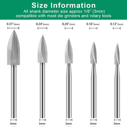 Wood Carving Drill Bits Set for Dremel Rotary Tool 5Pcs Engraving Drill Accessories Bit Wood Crafts Grinding Woodworking Tool with 1/8” Shank for DIY Carving Drilling Micro Sculpture