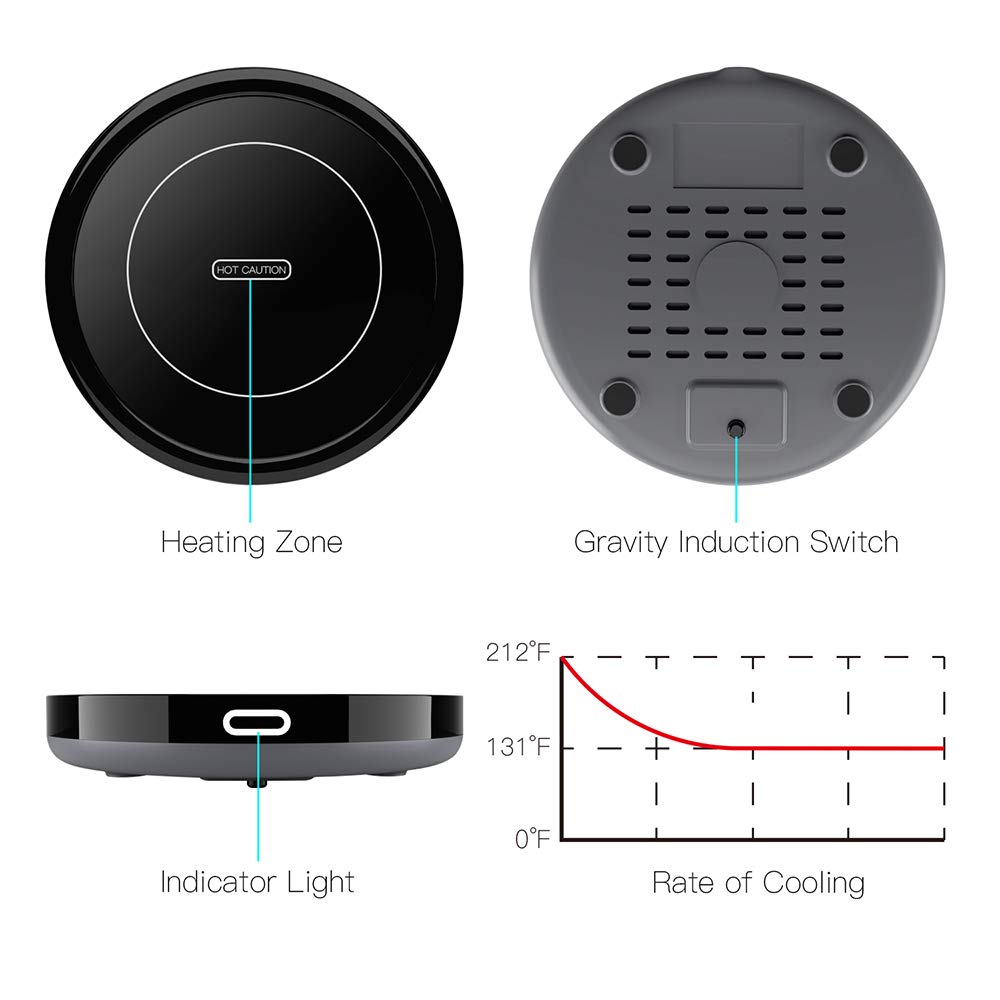 Smart Coffee Warmer, BESTINNKITS Auto On/Off Gravity-Induction Mug Warmer for Office Desk Use, Candle Wax Cup Warmer Heating Plate (Up to 131F/55C) (Black)