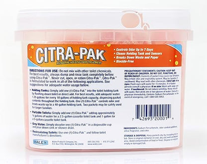 Walex Citra-Pak RV/Marine Holding Tank Deodorizer Drop-Ins - Waste Breakdown & Odor Control, Cleans Holding Tank & Sensors, Biocide-Free, Treatment for RVs, Boats, & Portable Toilets - Citrus, 30 Pack