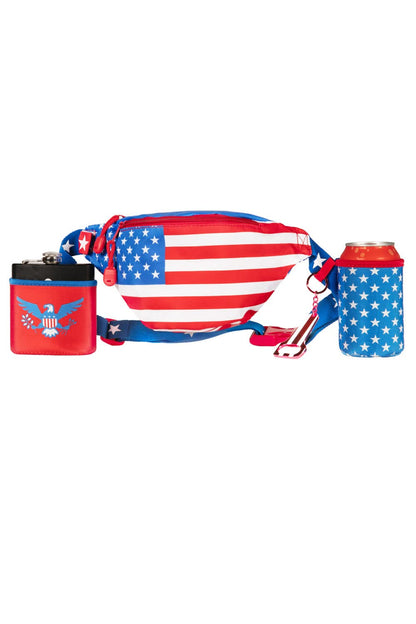 Tipsy Elves USA Flag Fanny Pack with 2 Detachable Drink Carrier Includes Bottle Opener - Patriotic American Flag Fanny Pack - Adjustable Belt Strap Waist Bag July 4th Parties Beach BBQs (Red Blue)