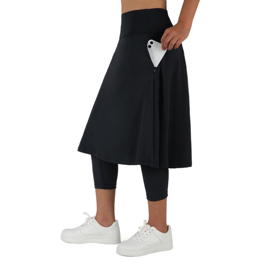 ANIVIVO Women Long Knee Length Skirt with Capris Leggings,Skirted Leggings with High Waisted Zipper Pockets(Black,L)