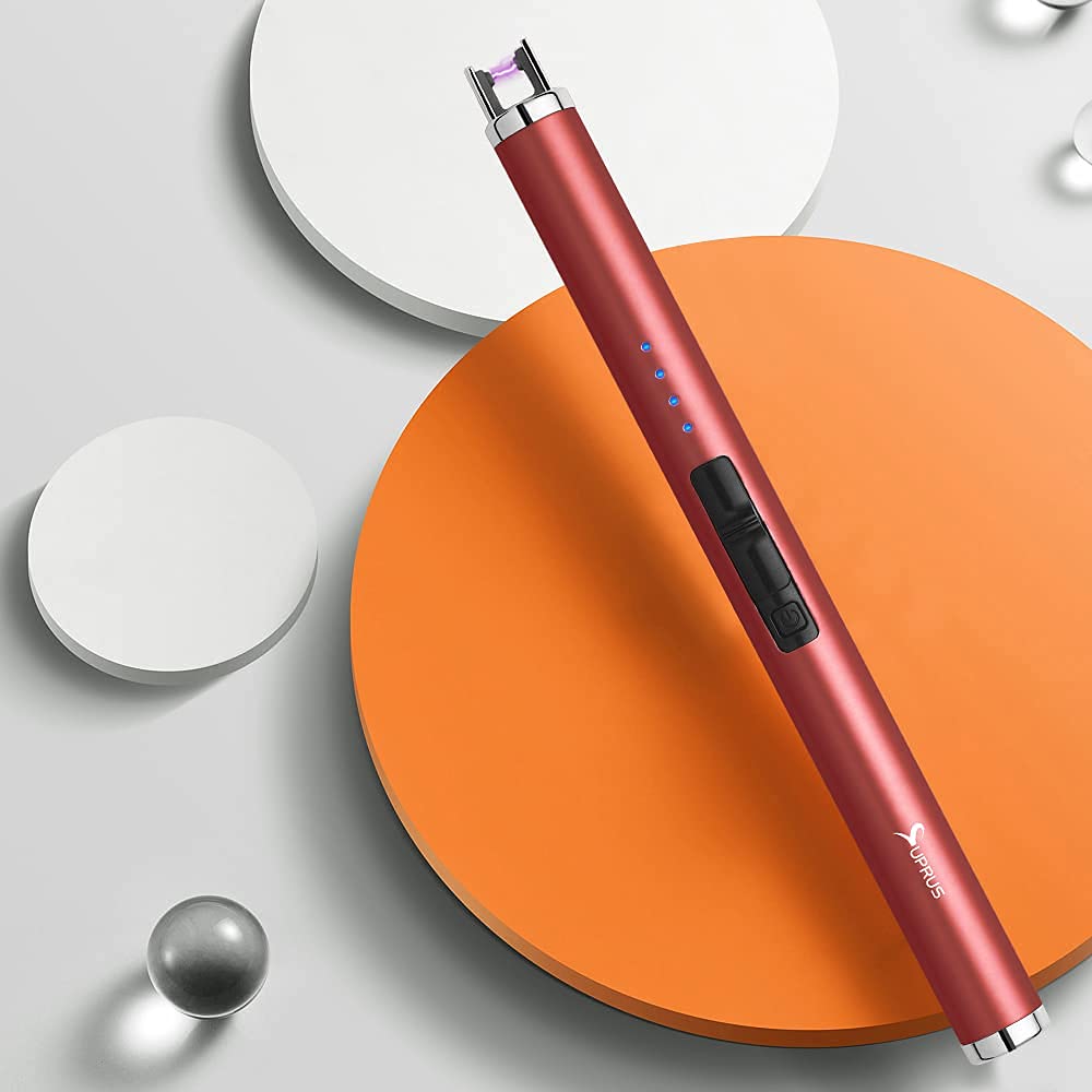 SUPRUS Electric Lighter Candle Type C Rechargeable Lighter with Upgraded LED Battery Display Safety Switch Flameless Plasma Windproof for Candle Cooking BBQs Fireworks (Red)