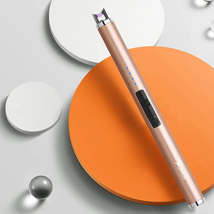 SUPRUS Electric Lighter Candle Type C Rechargeable Lighter with Upgraded LED Battery Display Safety Switch Flameless Plasma Windproof for Candle Cooking BBQs Fireworks (Champagne Gold)