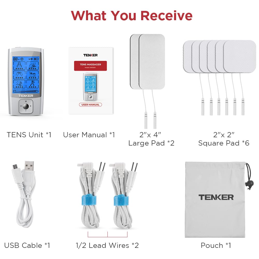 TENKER TENS Unit Muscle Stimulator, 24 Modes EMS Machine for Pain Relief Therapy/Pain Management, Rechargeable Electronic Pulse Massager with 2"x2" and 2"x4" Electrode Pads (Silver)