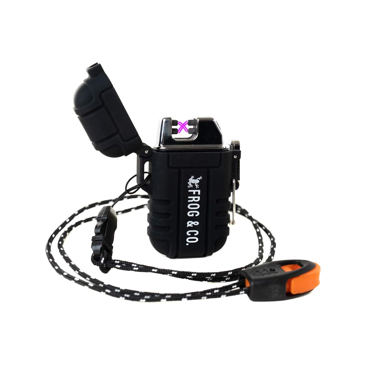 Survival Frog Tough Electric Lighter 2.0 - Waterproof & Windproof Lighters - Flameless Top-Facing Dual Arc Plasma, USB Rechargeable w/Built-in Flashlight, Camping, Survival Fire Starter (Black)