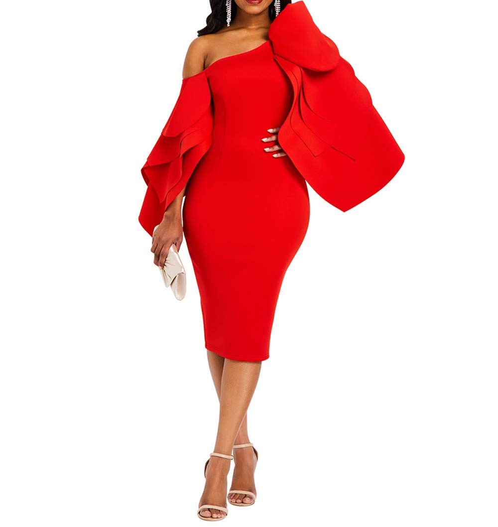 VERWIN Bodycon Dress for Woman Long Sleeve Knee-Length Ruffle Sleeve Off Shoulder Evening Dress XL Red