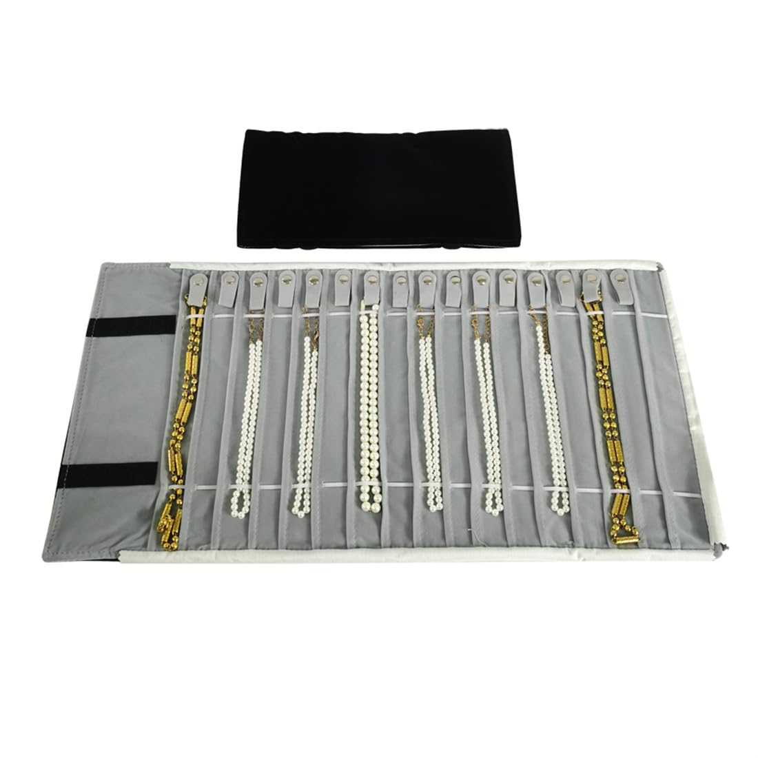SCIKHEFT Portable Jewelry Roll Untangled Secure Necklace Travel Storage Bag Displays Holder 16 Chain (Black and Gray)