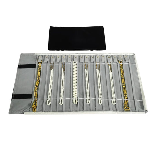 SCIKHEFT Portable Jewelry Roll Untangled Secure Necklace Travel Storage Bag Displays Holder 16 Chain (Black and Gray)