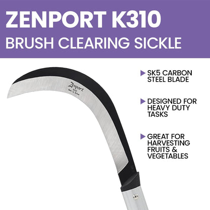 Zenport K310 Brush Clearing Sickle with 9-Inch Carbon Steel Blade and 9-Inch Aluminum Handle - Gardening/Landscaping Hand Sickle with Grip