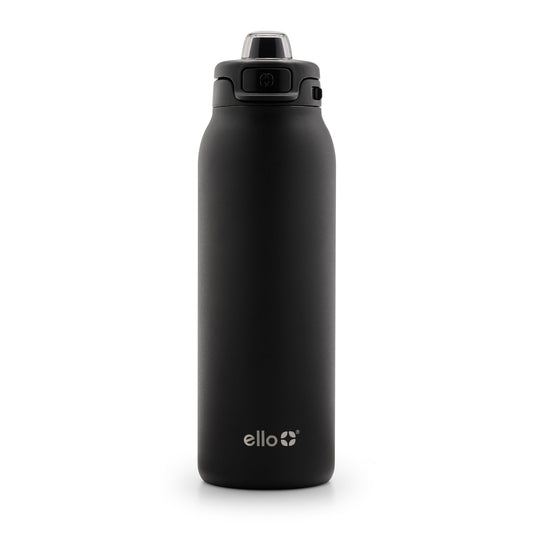 Ello Pop & Fill 32oz Stainless Steel Water Bottle with Quick Fill Technology, Double Walled and Vacuum Insulated Metal, Leak Proof Locking Lid, Sip and Chug, Reusable, BPA Free, Black