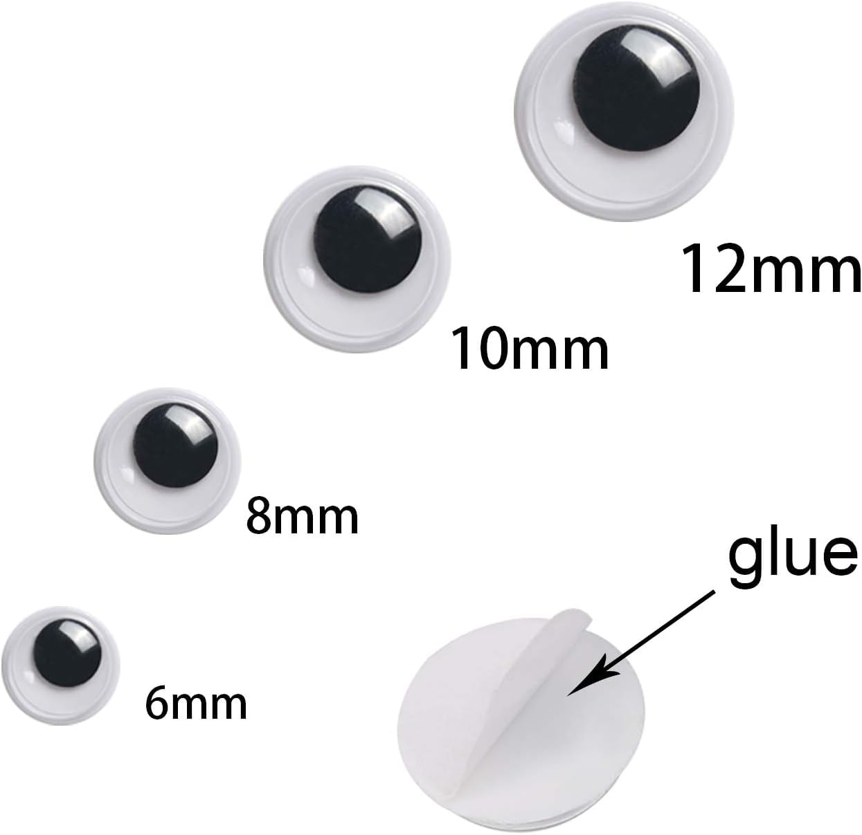 UPINS 300 Pcs Black Wiggle Googly Eyes with Self-Adhesive, 6 mm 8 mm 10 mm 12 mm Mixed Packaging