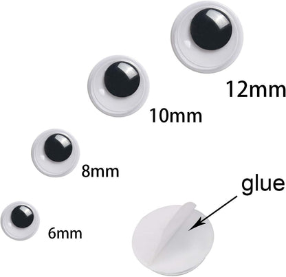 UPINS 300 Pcs Black Wiggle Googly Eyes with Self-Adhesive, 6 mm 8 mm 10 mm 12 mm Mixed Packaging