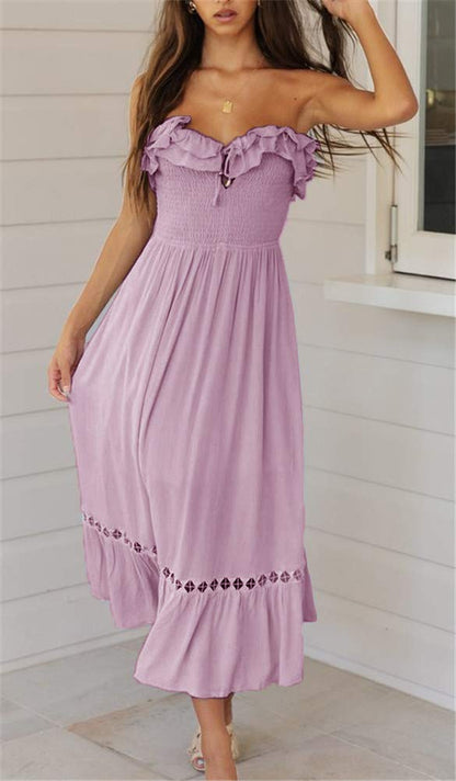 SAUKOLE Women's Summer Sleeveless Strapless Ruffle Off The Shoulder Smocked Swing Cocktail Party Dress Purple