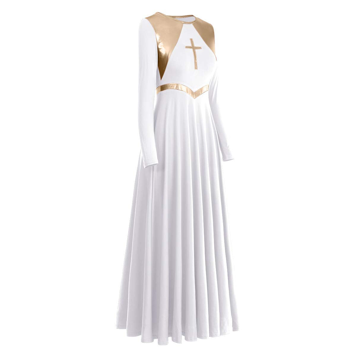 Women Metallic Cross Liturgical Praise Dance Dress Lyrical Dancewear Color Block Full Length Robe Worship Costume Loose Fit Autumn Clothing Elegant Dress Praise Dancer Clothes White + Gold Cross L