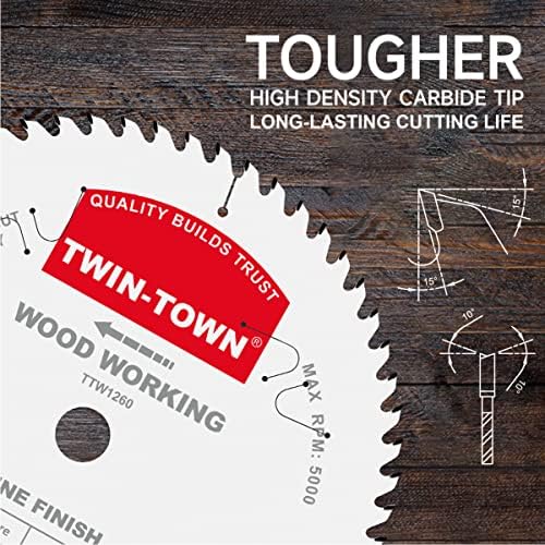 TWIN-TOWN 12-Inch 60-Tooth ATB Fine Finish Wood Cutting Circular Saw Blade, 1 Inch Arbor, Compatible with Table and Miter Saws, Premium Quality Woodworking Saw Blade