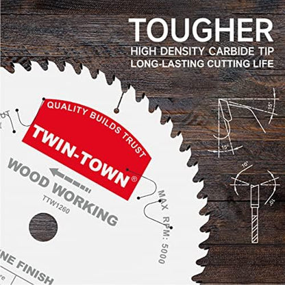 TWIN-TOWN 12-Inch 60-Tooth ATB Fine Finish Wood Cutting Circular Saw Blade, 1 Inch Arbor, Compatible with Table and Miter Saws, Premium Quality Woodworking Saw Blade