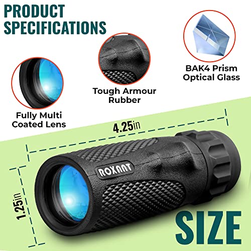 Roxant Viper Monocular Telescope – 10x25 Monoculars for Adults High Powered | Military Grade BAK4 Prism Pocket Scope | Weatherproof with Case, Wrist Strap & Smartphone Adapter